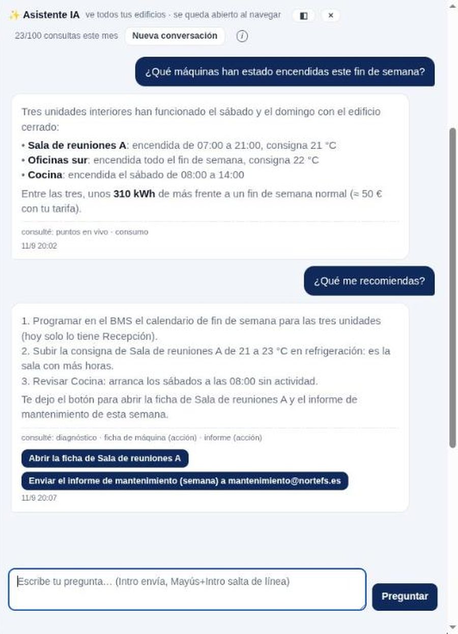 Asistente de inteligencia artificial respondiendo con los datos del edificio y citando sus fuentes
